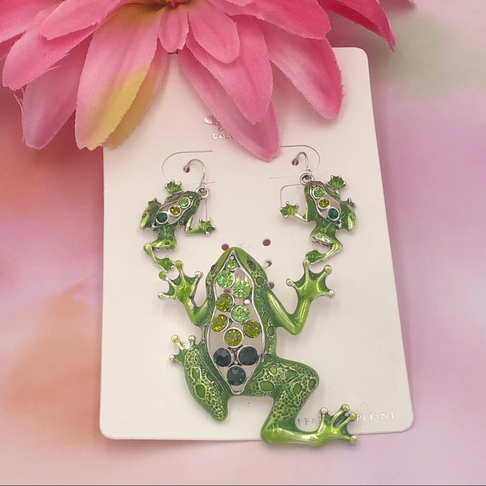 Green Frog Enamel Rhinestone Pendant & Earrings Set